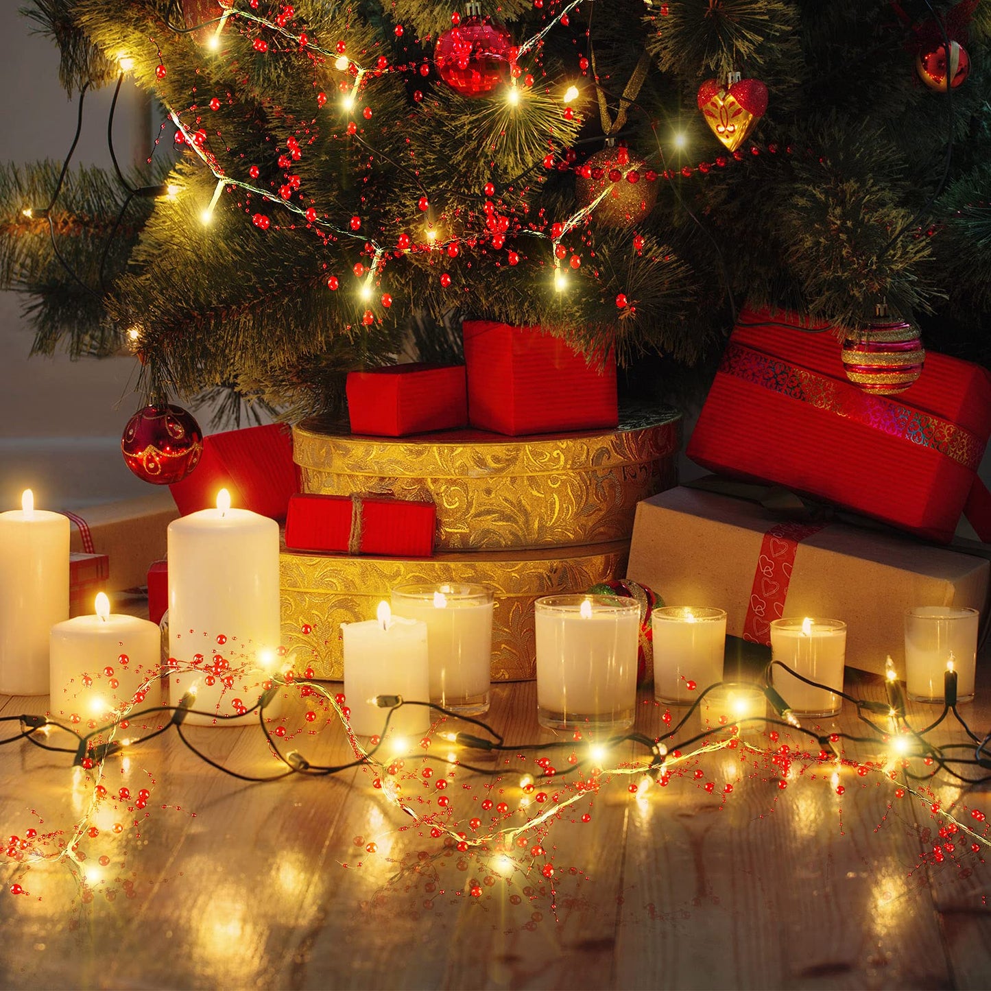 Honoson 33 Feet Christmas Berry Beaded Garland String Light Mantel Garland Christmas Fireplace Decorations, Glitter LED Bead for Fireplace Indoor Outdoor Decor(Red)