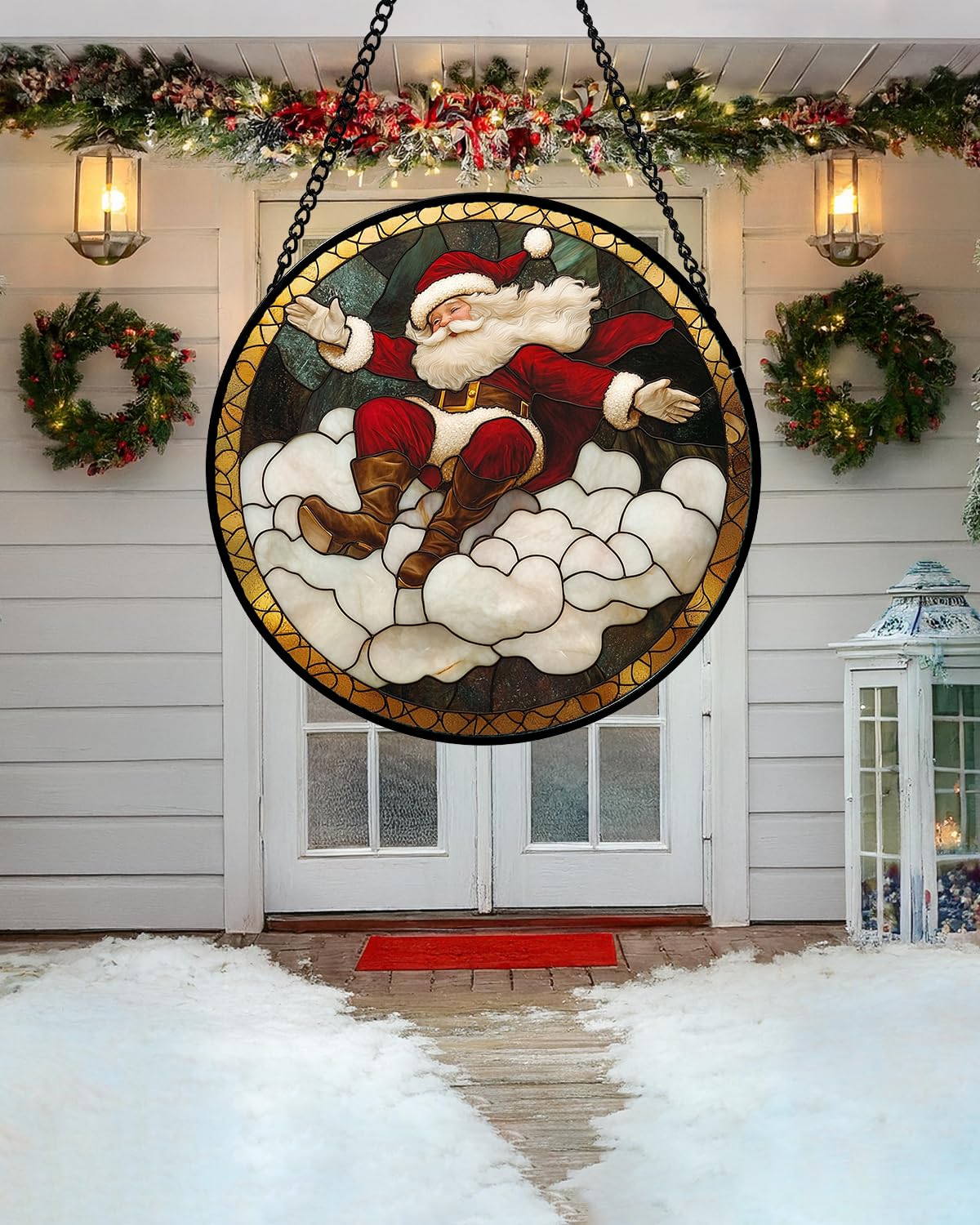 Stained Glass Window Hanging - Red White Santa Claus Clouds Suncatcher for Doors Home Christmas Decoration Sun Catcher Thanksgiving New Year Birthday Gifts for Friend Women Men Mom Nana 9.8 in