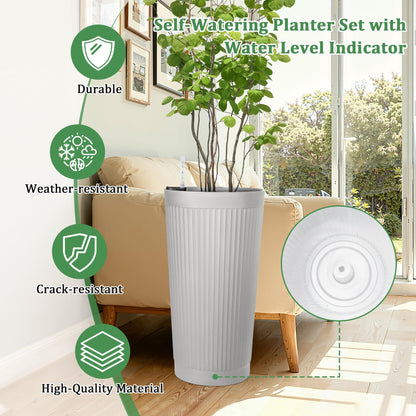 TUYOHW 2-Pack 24in Round Plastic Planters with Self-Watering System and Vertical Ribbed Design – Perfect for Home, Patio, Garden Plants