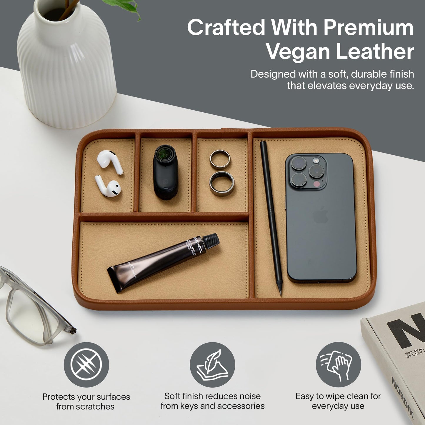 Nordik Leather Valet Tray - Sand Brown - 11.8x7.9 Inch Large Vegan Leather Tray - Stylish Nightstand Organizer for Men - Modern Bedside Caddy - EDC Catchall for Key Watch Wallet Jewellery