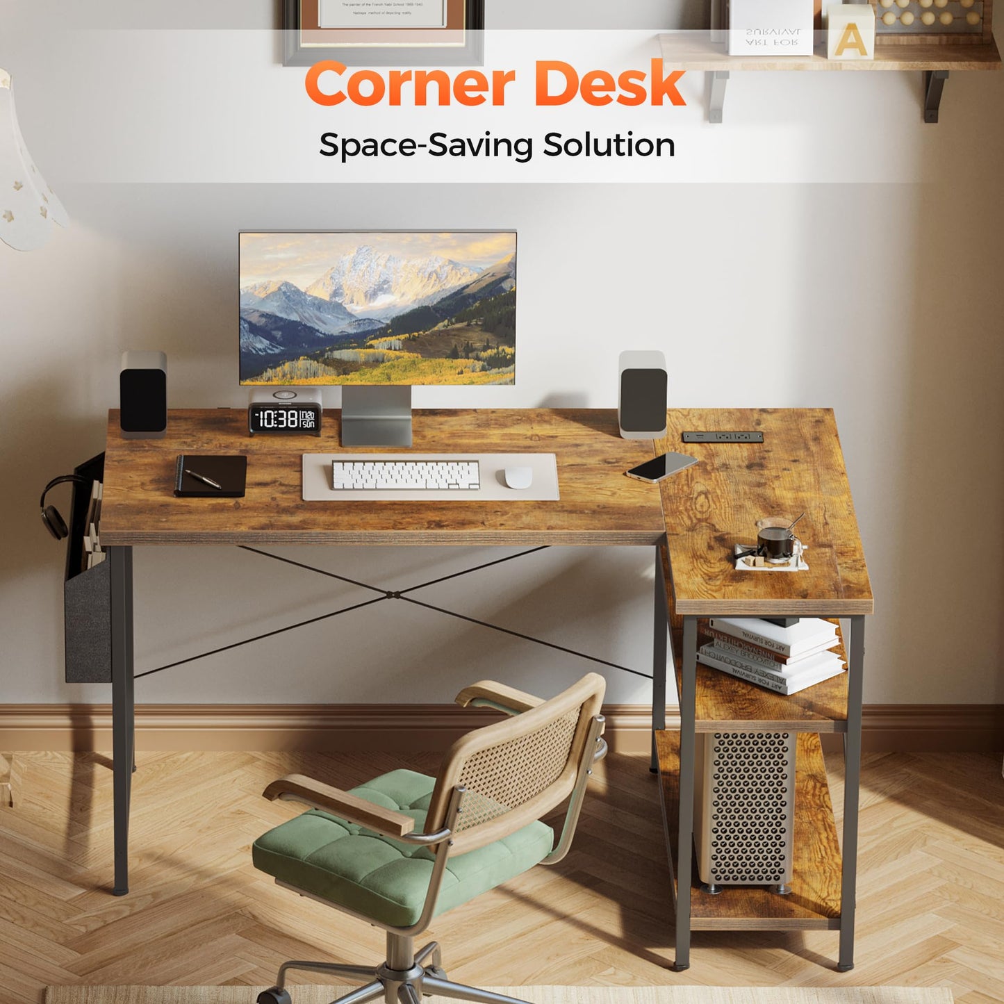 Mericonia Small L Shaped Computer Desk with Power Outlets, Reversible Gaming Desk with Storage Shelves, Corner Gamer Desk Table, Study Writing Table