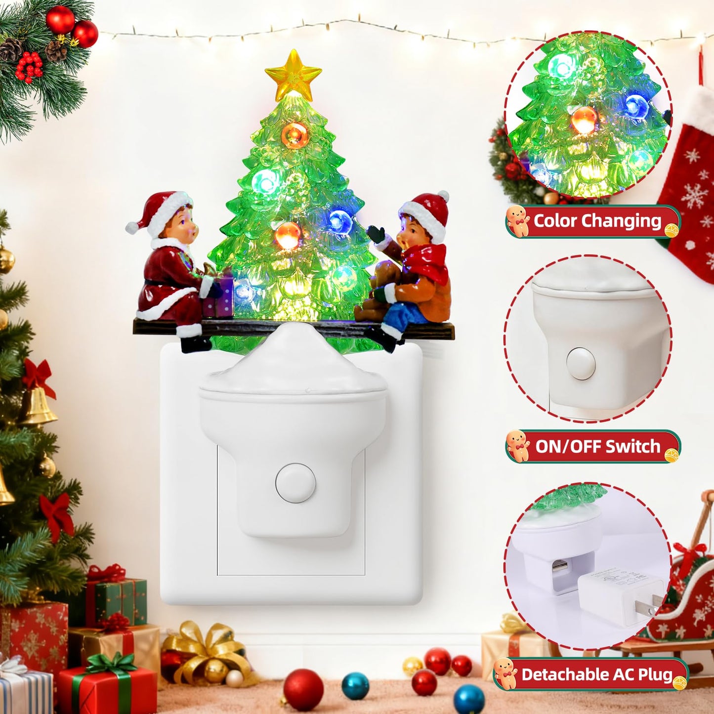 Yuxelulmai Christmas Tree Night Light Plug into Wall USB Portable Christmas Decorative Night Light Decoration for Kids Adults Bedroom Kitchen Living Room Holiday Decor (Children Seesaw)