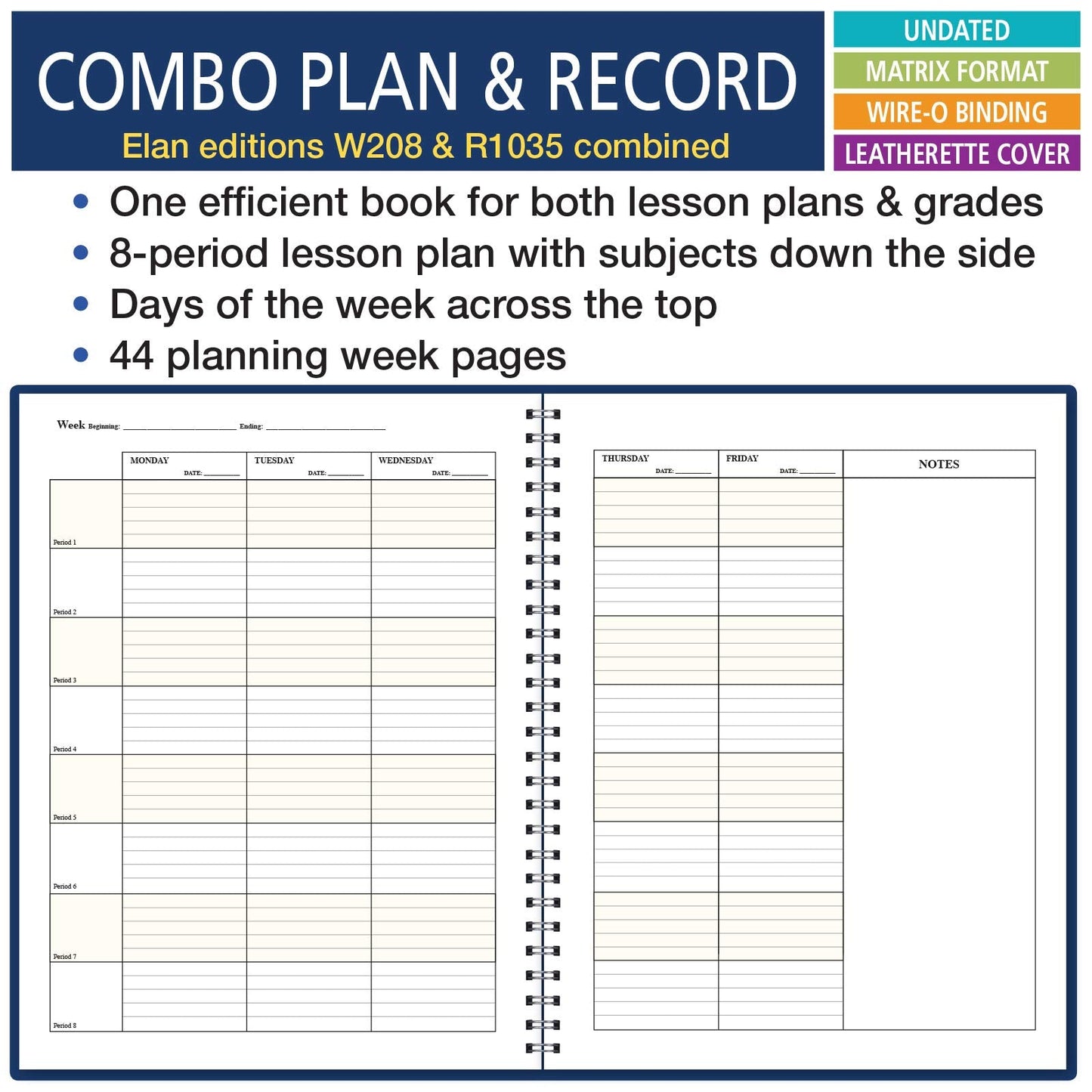 Elan Publishing Company Combination Plan and Record Book - 8 Period Teacher Lesson Planner (PR8-1035) - PR8-1035
