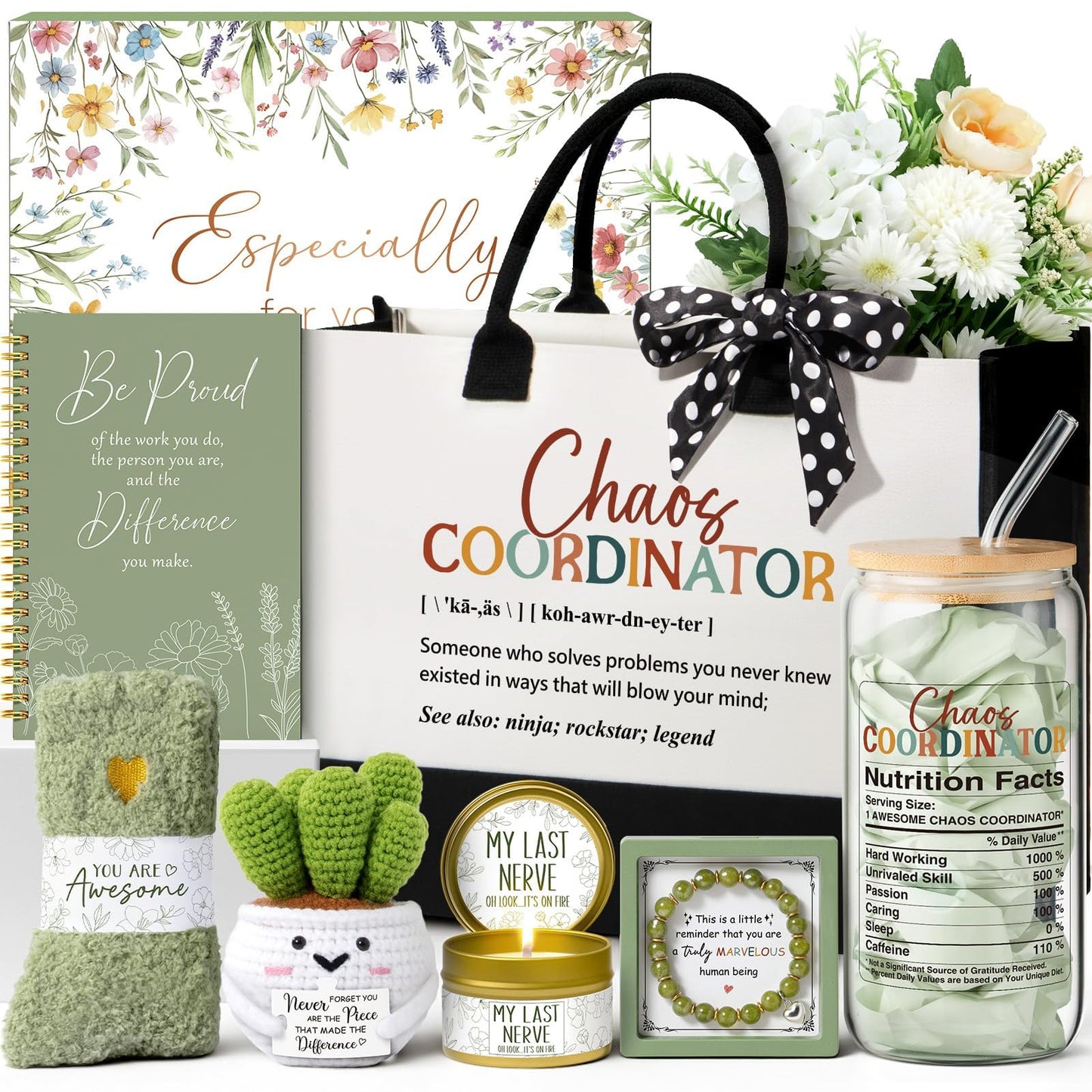 Thank You Gifts for Women, Administrative Professional Day Gifts, Chaos Coordinator Gift for Coworkers Women Boss Lady Manager Teacher Nurse Employee Appreciation Birthday Gift w/ Canvas Tote Bag