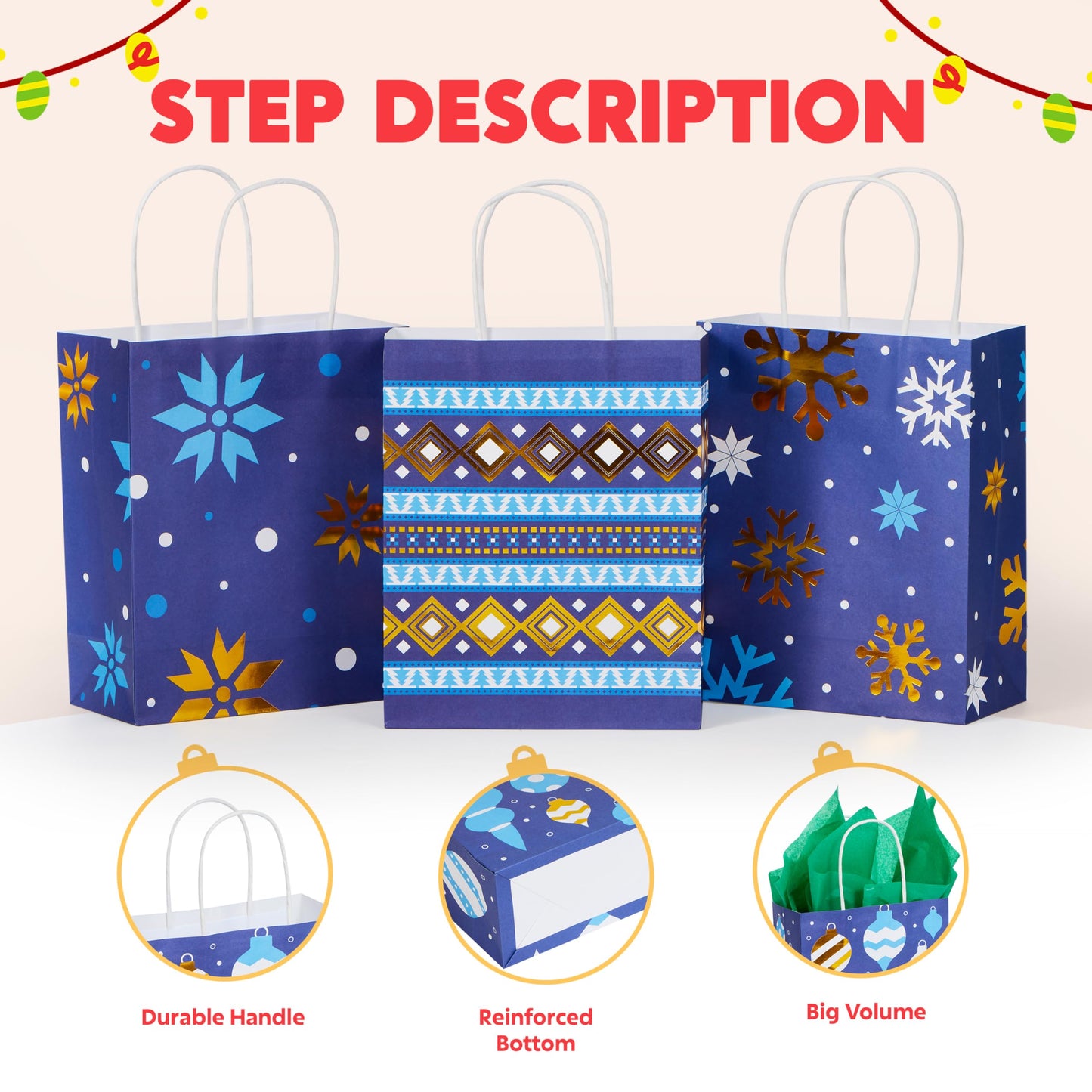 JOYIN 24 PCS Christmas Kraft Gift Bags Xmas Holiday Present Wrapping Paper Goody Bags with Handles for Classrooms and Wedding Decor, Party Favors and Decor Supplies (Blue, 9 x 7.3 x 3.3)
