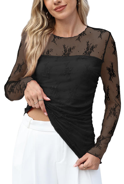XIEERDUO Women's Sexy Sheer Long Sleeve Tops Crew Neck Mesh Ruched Going Out Shirts Blouse Date Night Outfits