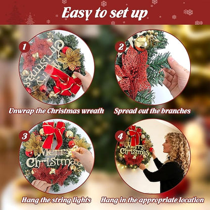 FR Artificial Pre-Lit Fir Christmas Wreath Holiday Accent Decoration, Wintry Pine, Decorated with Pine Cones Berry Clusters Frosted Branches, with LED Lights for Door, Mantel 16 Inch
