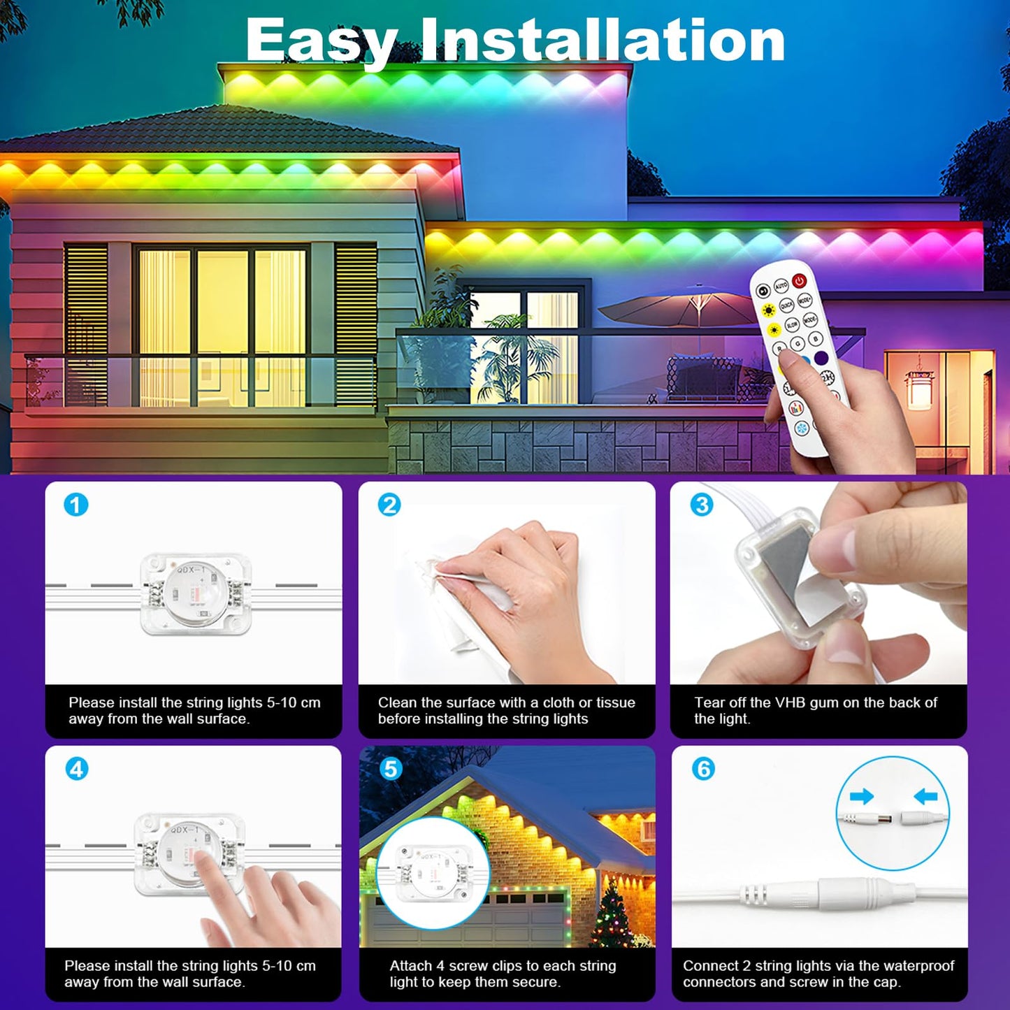 Permanent Outdoor Lights for House, 100ft 36 RGB LEDs Smart LED Eaves Light with Remote, 63 Scene Modes, IP67 Waterproof, Outdoor Christmas Light LED String Lights for Home Daily Holiday Party Decor
