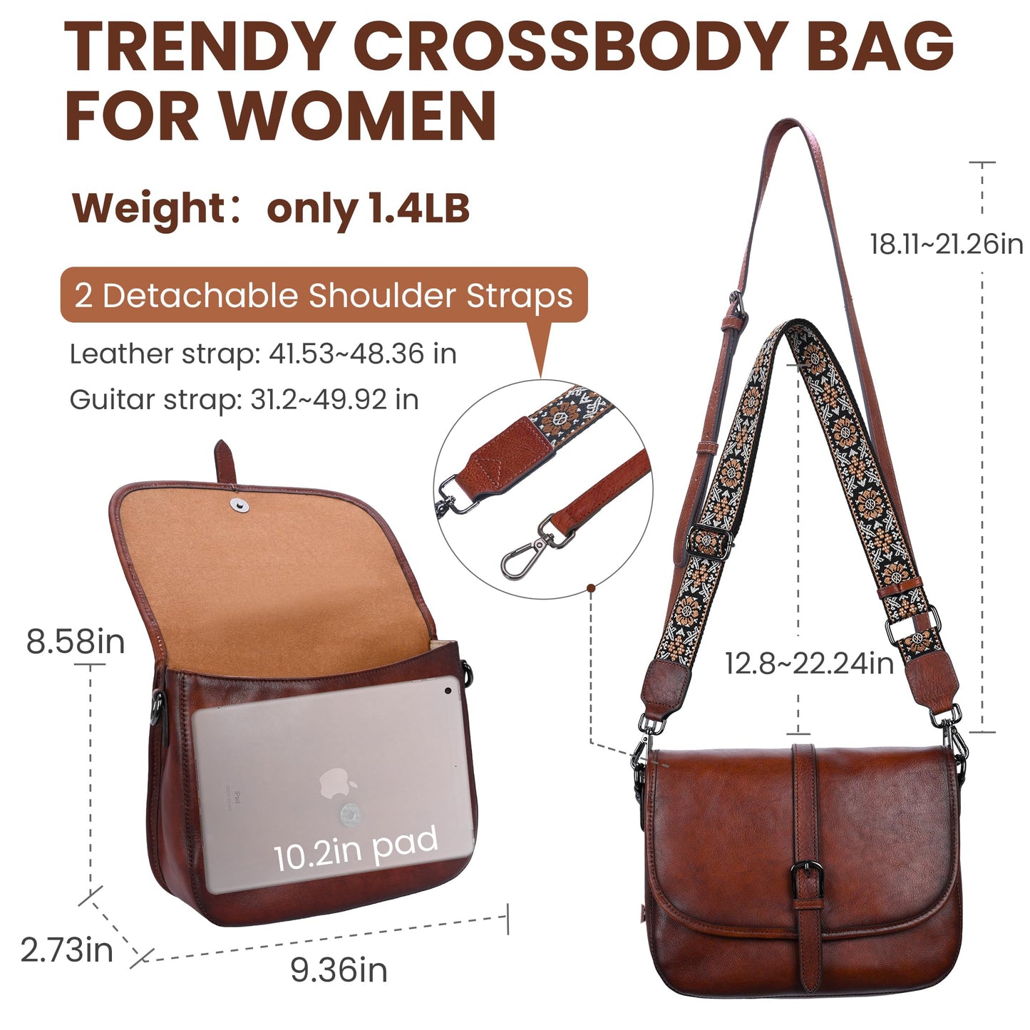 HESHE Geuinue Leather Purses for Women Crossbody Bags Shoulder Handbag Vintage Flap Saddle Purse Travel Cross Body Bag Hobo Satchel with Pockets(Brown)
