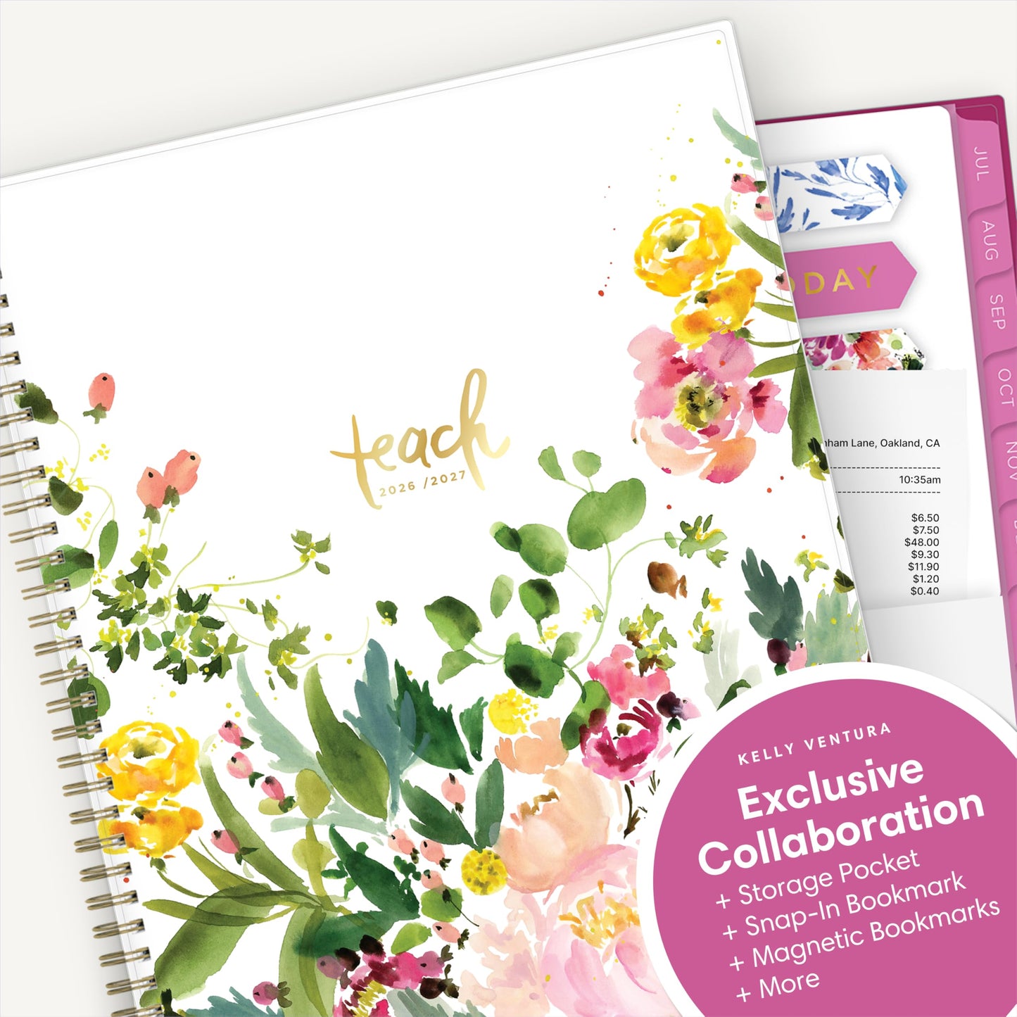 Blue Sky Kelly Ventura 2026-2027 Weekly and Monthly Academic Year Teacher Lesson Planner Calendar, July 2026 - June 2027, 8.5" x 11", Flexible Cover, Wirebound, Laminated Tabs, Storage Pocket, Magnetic & Snap In Book Marks, Includes Stickers, Summertime B