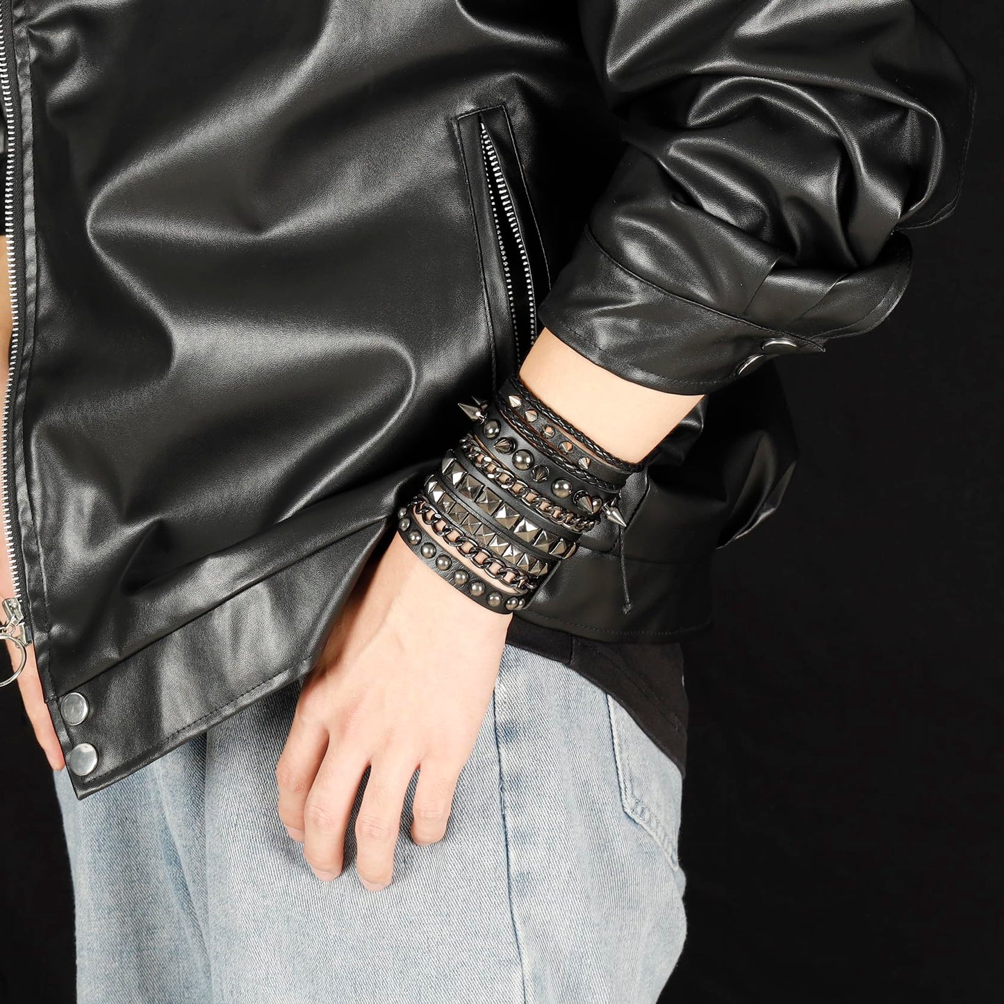 Eigso 3 Pcs Oldschool Cool Punk Steampunk Studded Spikes Rivets Vintage Leather Wide Bracelets for Men and Women with Adjustable Buckle