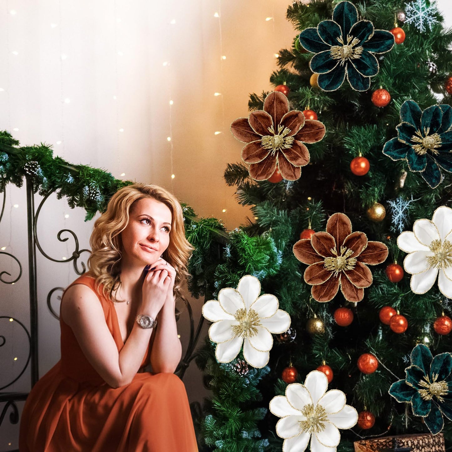 Suncalla 18 Pcs 5.9'' Large Christmas Magnolia Flower Artificial Glitter Velvet Christmas Tree Decoration Fold Xmas Ornaments for Tree Xmas Holiday Wedding Party New Year (Classic,White,Brown,Green)