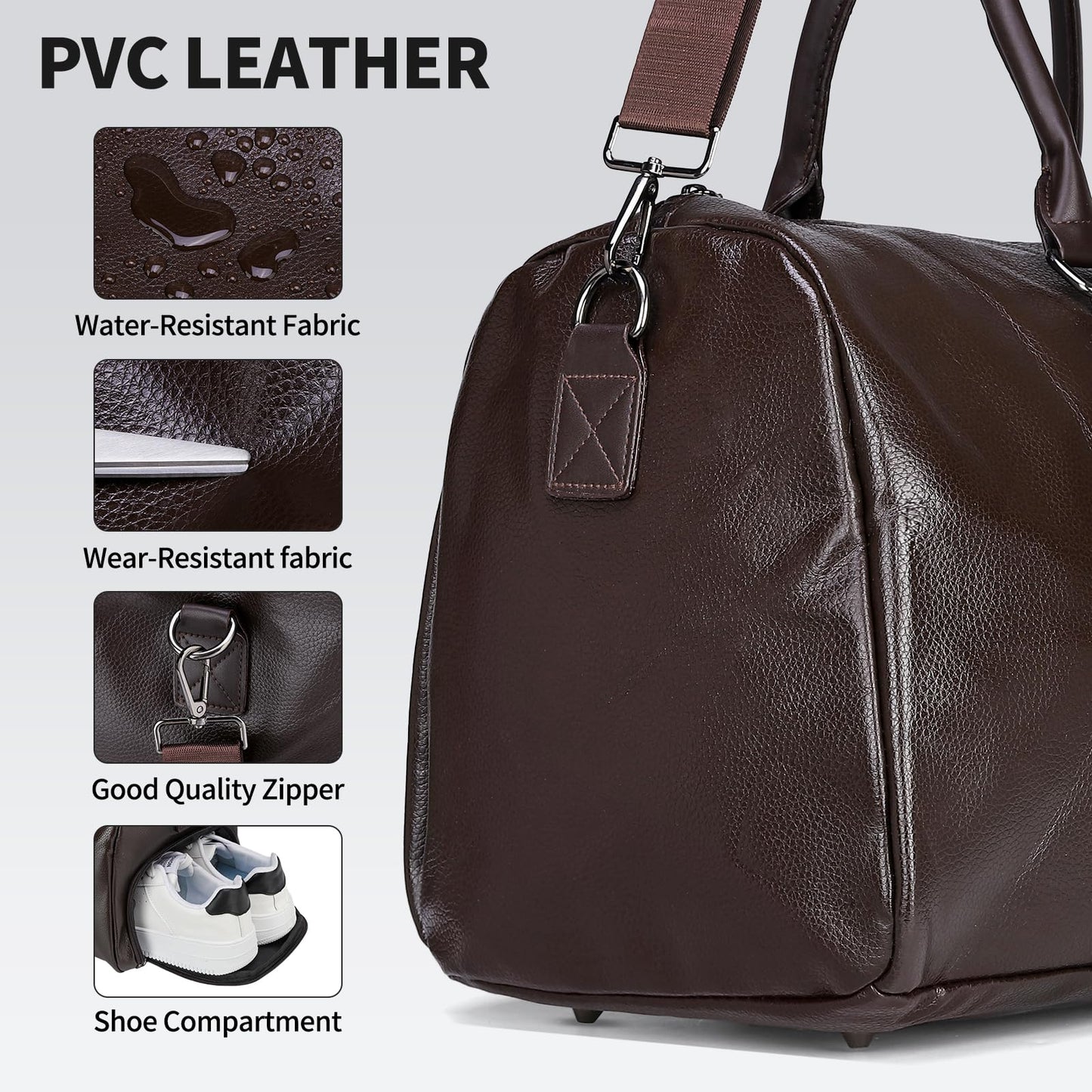 SUIKIHUM Leather Travel Duffle Bag for Men Women, Stylish Water-Repellent Overnight Bag W/Shoe Pouch for Business Sport Gym, Brown