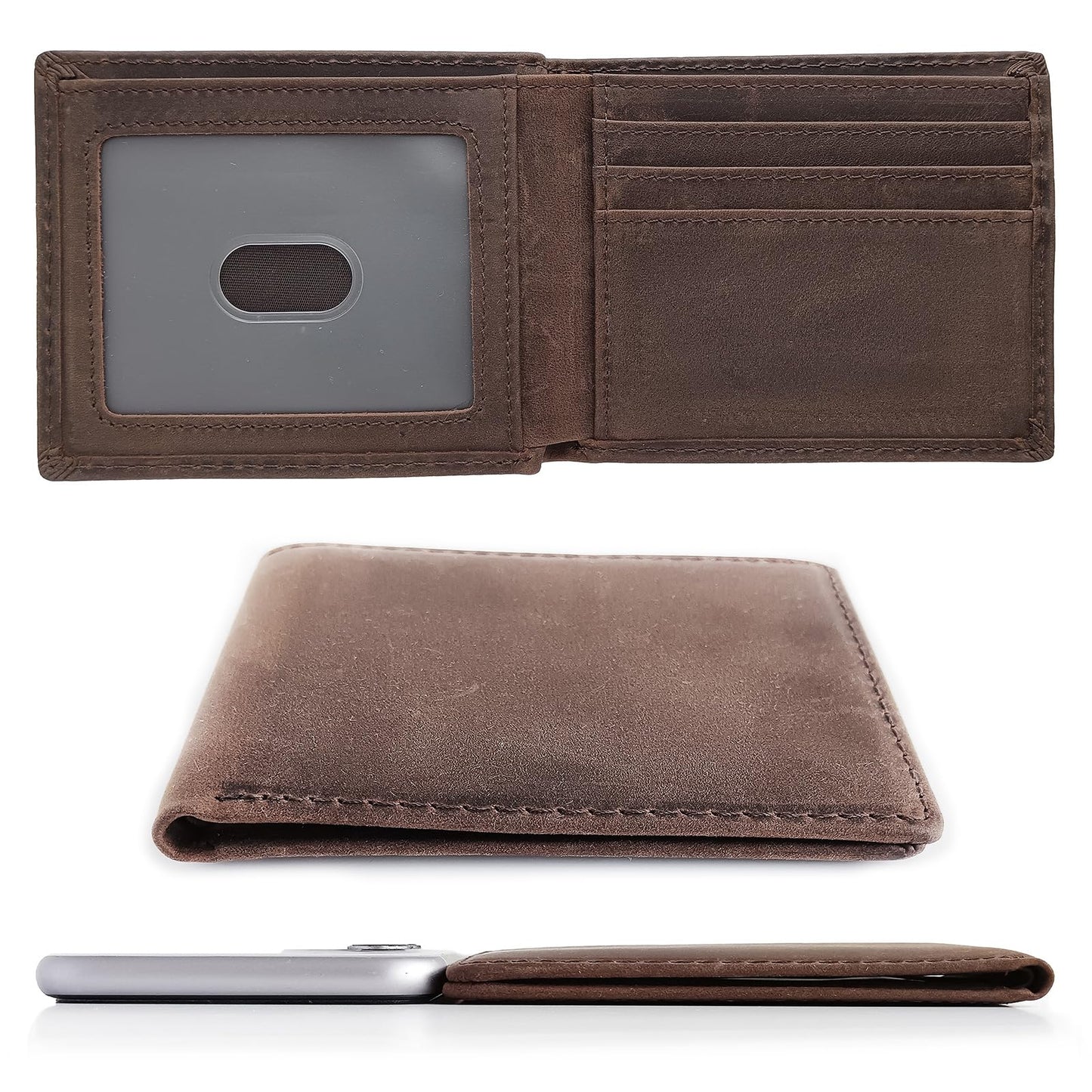 LnxLtw Bifold Travel Wallets for Mens Slim RFID Blocking | Compact Front Pocket Thin Genuine Leather Wallet | Minimalist Credit Card Holder with 4 Card Slots and ID Window Gift Box (Dark Brown)