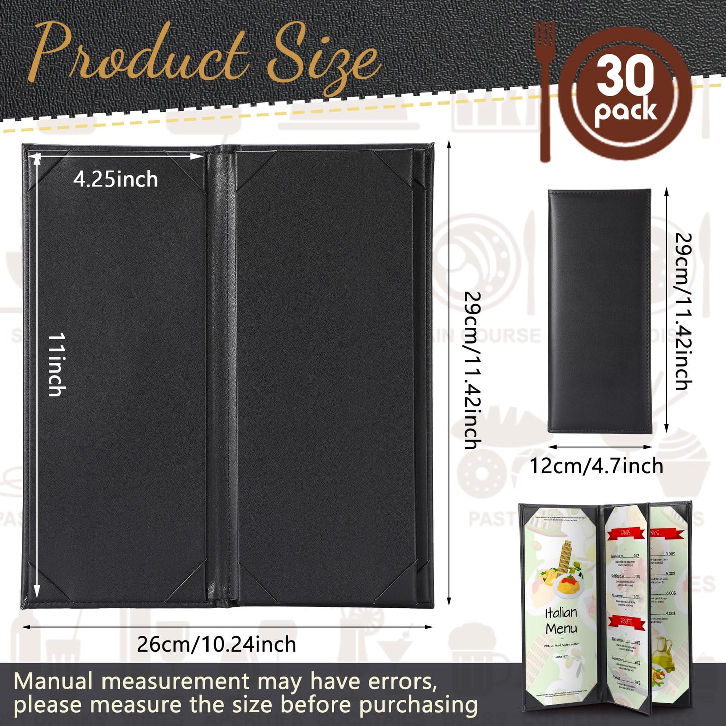 Jexine 30 Pcs Leather Menu Covers Holders - 4.25 x 11 Inches 4 View Fold Black Leather Menu Book with Angled Corners Waterproof for Restaurant Cafe Bar Wine Drinks List Covers Set