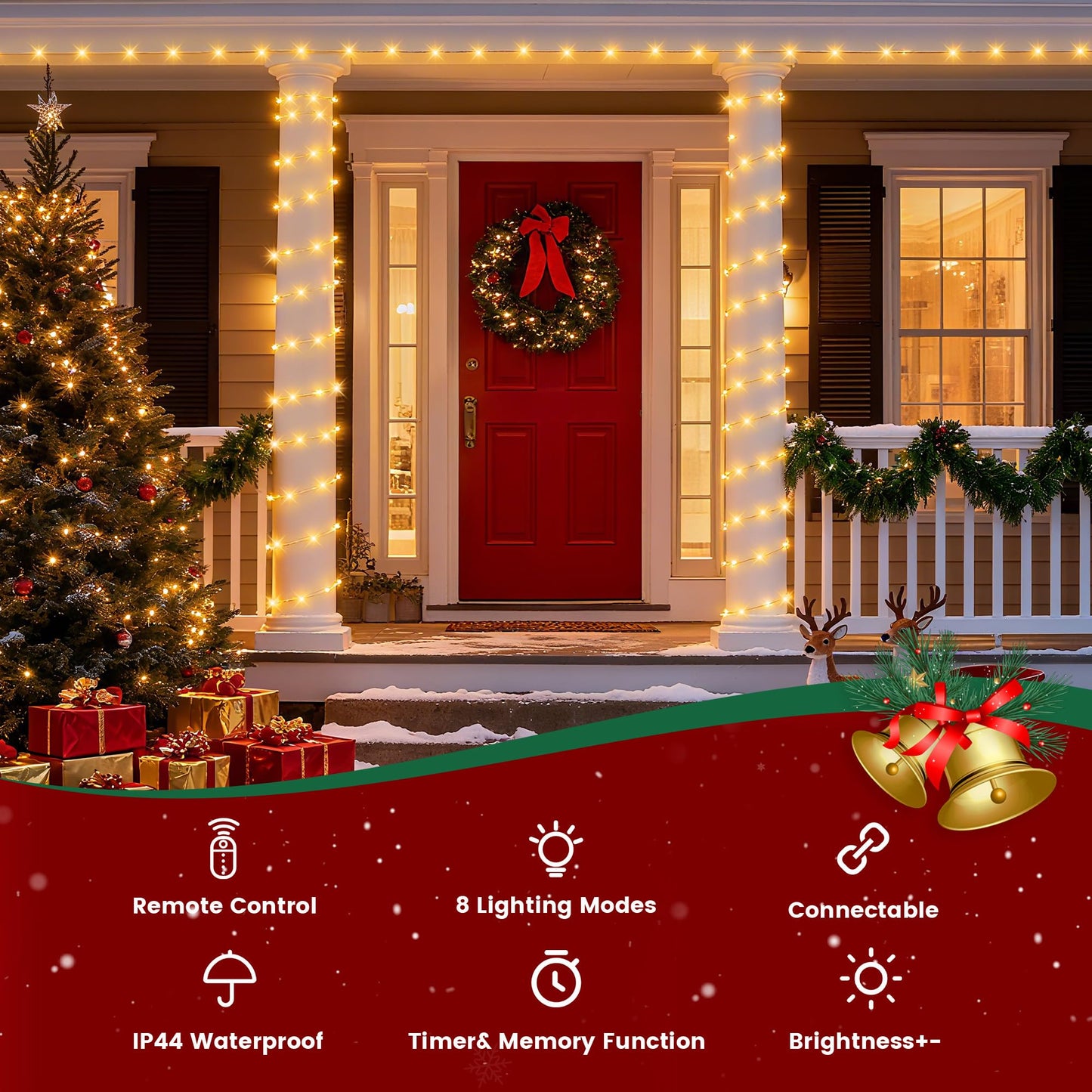 BANBANJO Christmas String Lights Indoor Outdoor Clear Wire,200LED 66FT Connectable Warm White Christmas Lights Outdoor for Bedroom 8 Mode, Twinkle Fairy Light Plug in for Home Wedding Yard Patio Decor