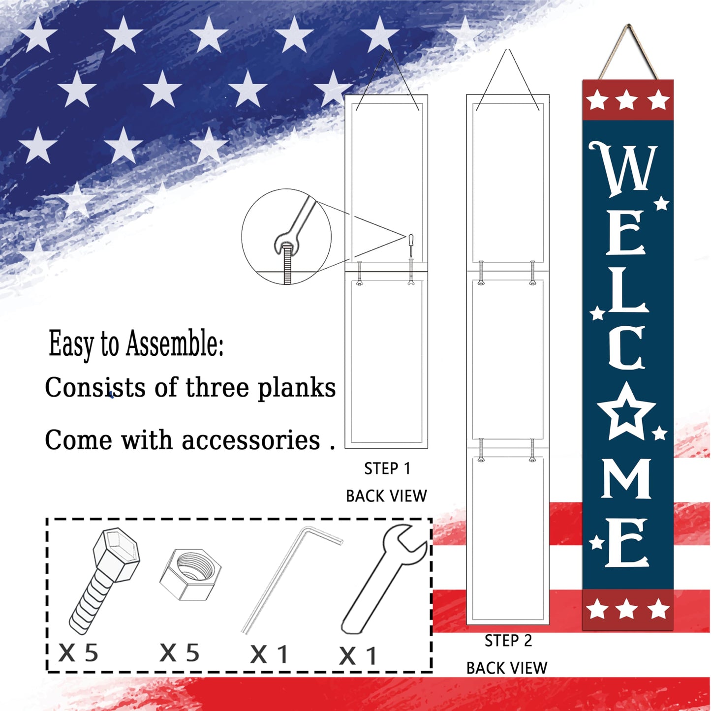 Patriotic Wooden Porch Sign 47" 4th of July Independence Day Large Welcome Sign Memorial Day Vertical Indoor Outdoor Standing Sign For Garden Home Yard Farmhouse