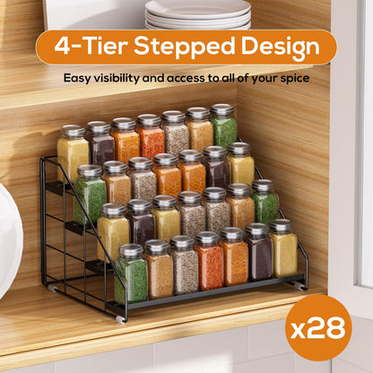 Spice Rack Organizer for Cabinet, 4 Tiered Spice Rack Organizer, Tiered Adjustable Spice Shelf for Kitchen Countertop Pantry Organization (Bright Black)