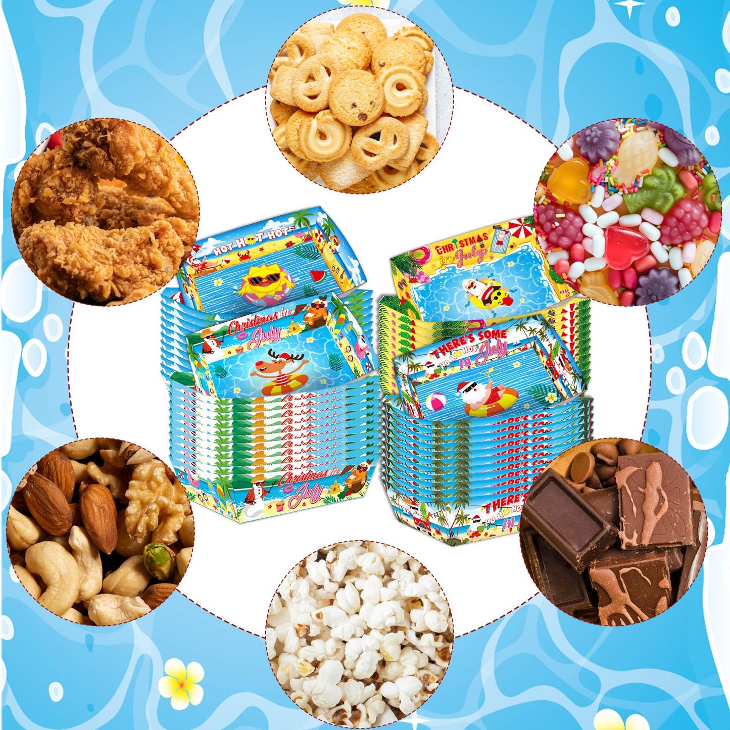 Falueqg Summer Christmas Party Decorations - 24 Pcs July Christmas Paper Food Trays Disposable Beach Santa Food Boats Serving Tray for Holiday Xmas Tropical Luau Decorations