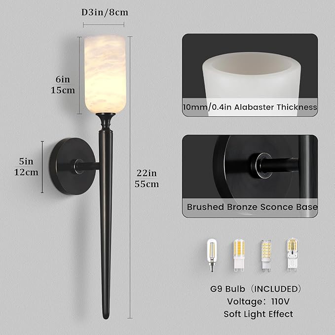 Alabaster Wall Sconce, 22in Modern Spanish Natural Marble Bathroom Vanity Sconces, Unique Indoor Black Wall Lighting Fixtures Decor for Bedroom Living Room Staircases
