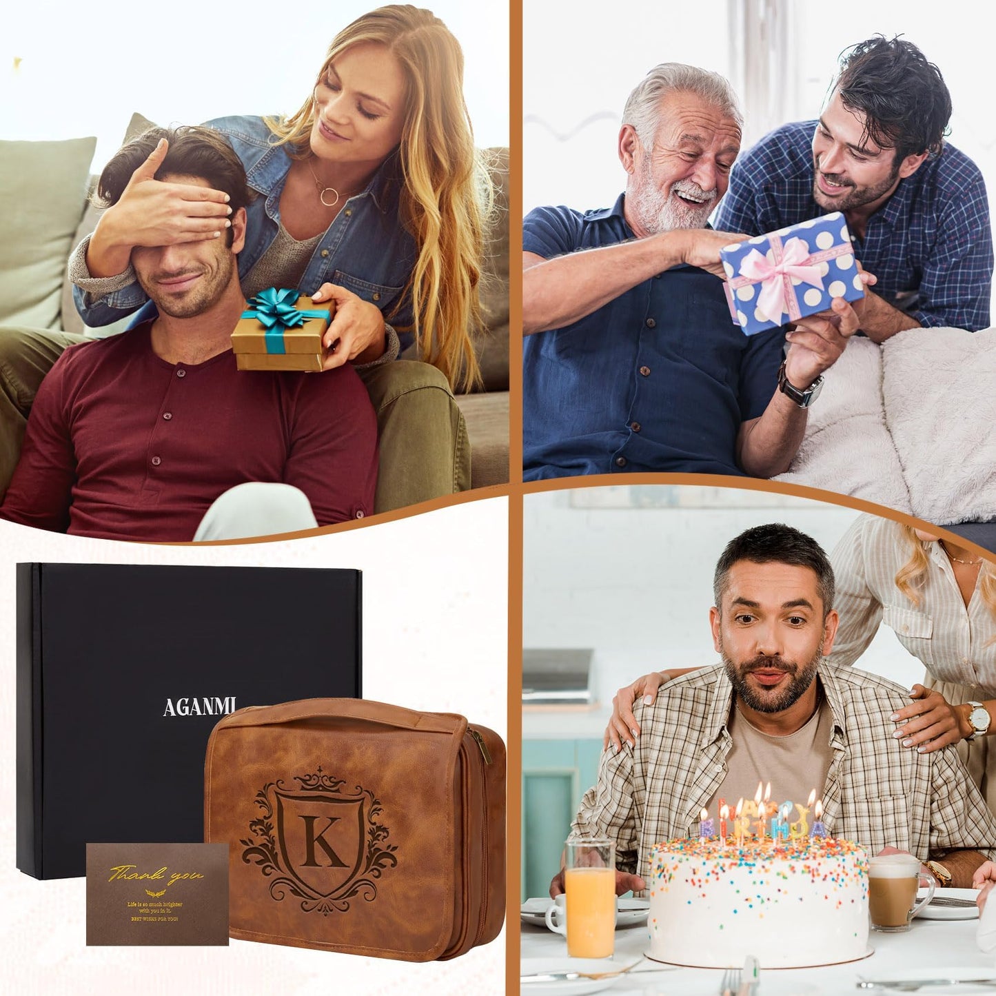 Aganmi Personalized Hanging Toiletry Bag Travel Gifts for Men Him, 3-in-1 Large Laser-Engraved Initial Waterproof PU Leather Shaving Bag Valentines Birthday Gift for Men Dad Husband Light Brown M