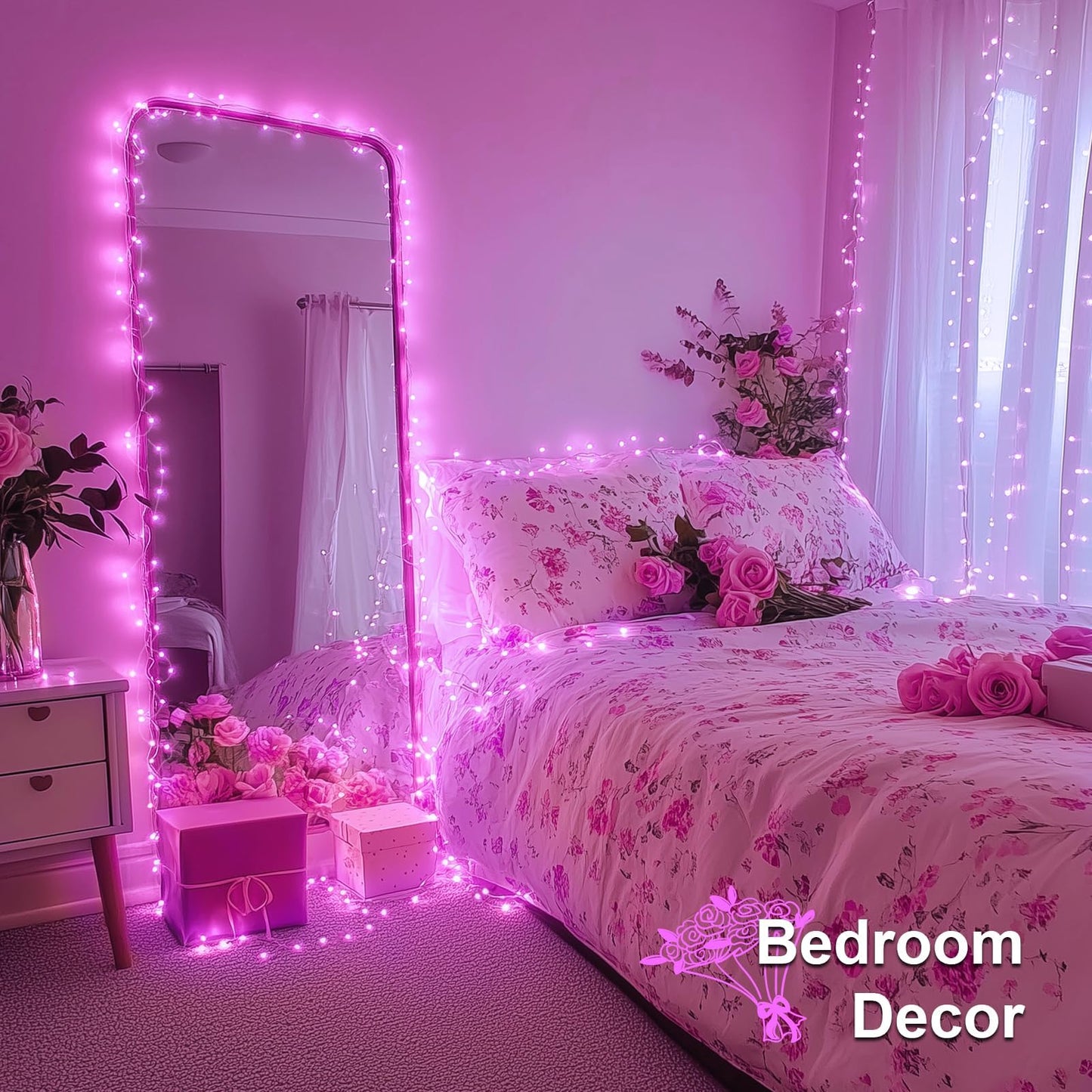 JMEXSUSS 66 Ft Connectable Pink Lights for Room Decor, 200 LED Pink String Fairy Christmas Lights Clear Wire Plug in for Bedroom Indoor Outdoor Girl's Room Home Anniversary Birthday