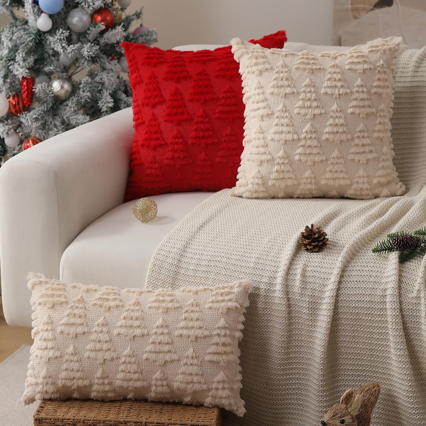 Allorry Christmas Pillow Covers 18 x 18 Set of 2 Xmas Decorations Beige Christmas Tree Pillow Cases Plush Faux Fur Soft Cushion Case for Winter Xmas Holiday Home Bedroom Sofa Decors SY-003-C18