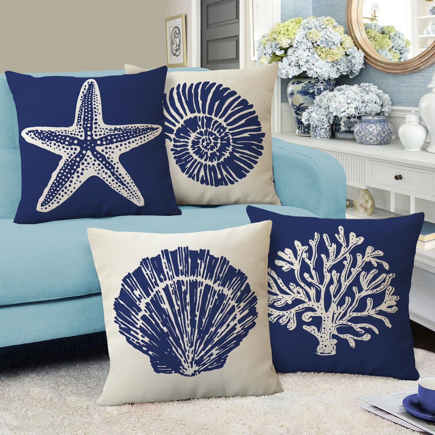 Fahrendom Beach Dark Blue Decorative Throw Pillow Covers 18 x 18 Set of 4, Coastal Sea Conch Starfish Coral Porch Patio Outdoor Pillowcase, Nautical Ocean Spring Summer Sofa Cushion Case Home Decor
