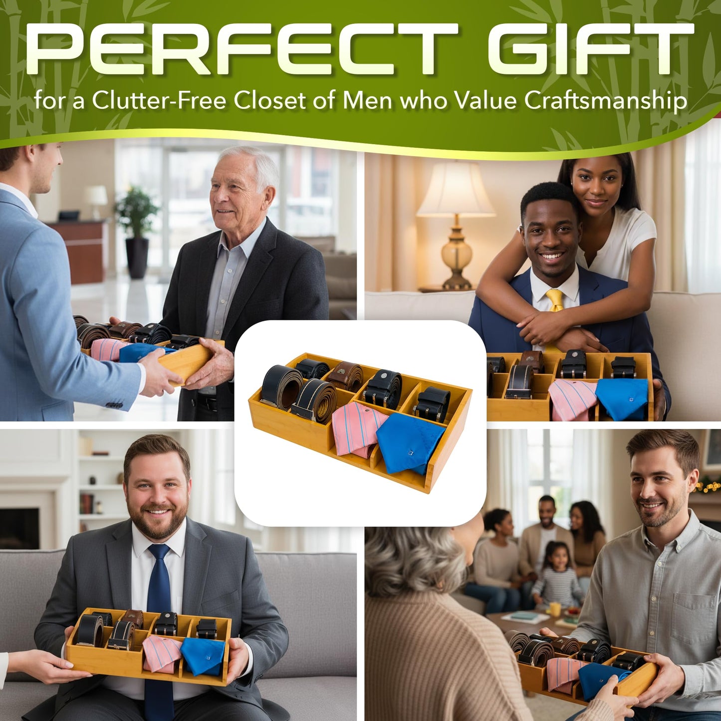 Belt Organizer for Closet and Drawer – 8 Compartments Bamboo Storage Box for Belts and Ties – Eco-Friendly Natural Bamboo