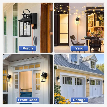 Outdoor Porch Light with GFCI Outlet, Black Motion Sensor Exterior Lighting Fixtures Wall Mount for House with Water Ripple Glass, Anti-Rust Waterproof Outdoor Wall Sconce Lantern for Garage