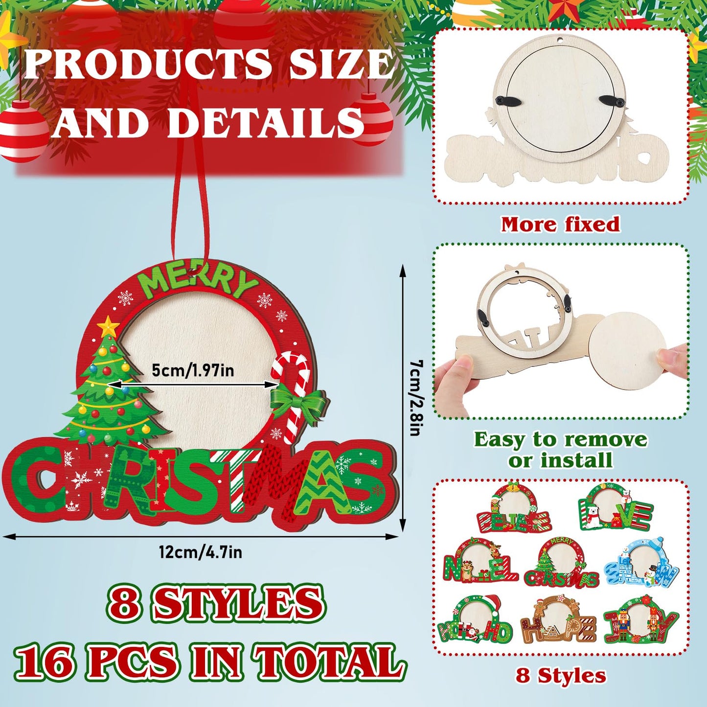 Yalikop 16 Pcs Christmas Photo Frame Ornaments Wooden Nutcrackers Santa Snowman Snowflake Picture Frame Tree Decoration DIY Photo Keepsakes for Xmas Party Decorations Winter (Wishes)