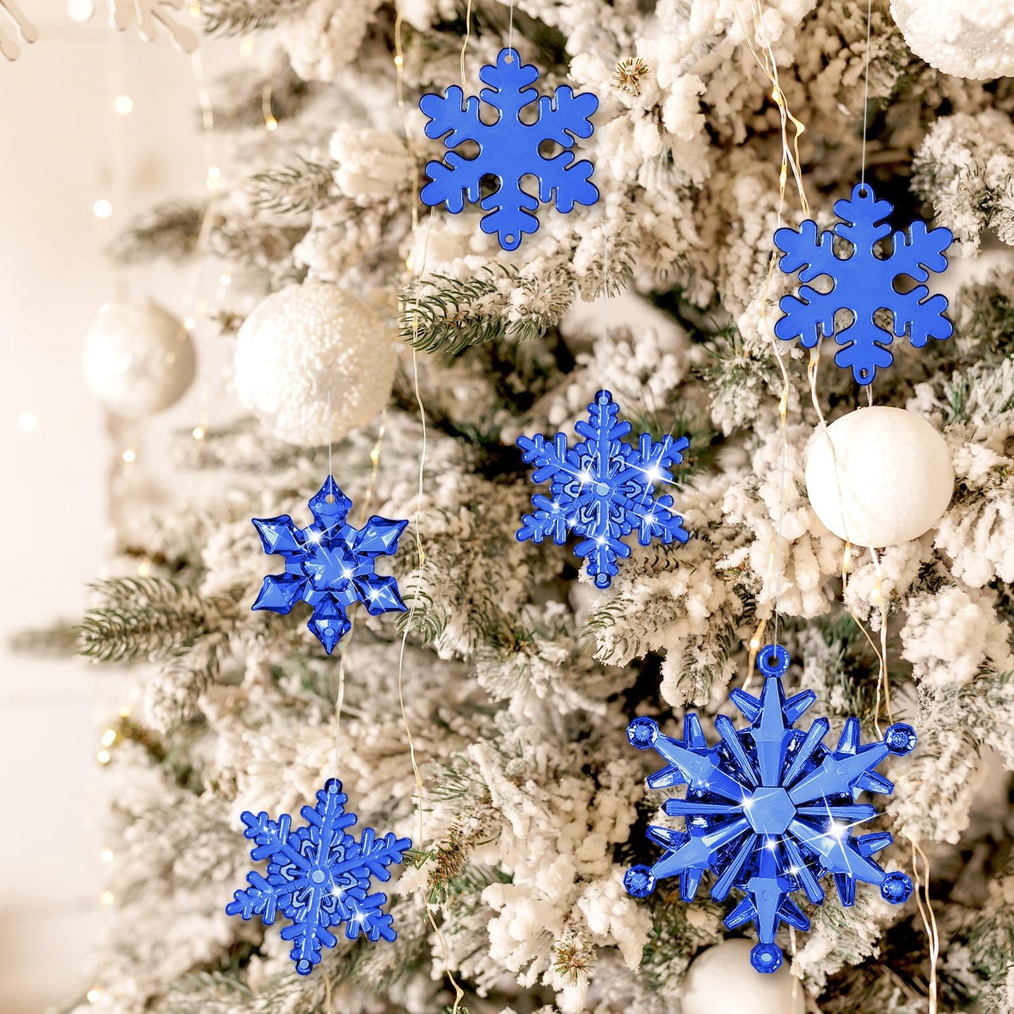 Dilunave 40 Pieces Navy Blue Christmas Snowflake Ornaments Acrylic Christmas Tree Decorations Crystal Snowflakes Translucent Winter Hanging Ornaments for Xmas Tree DIY Crafts