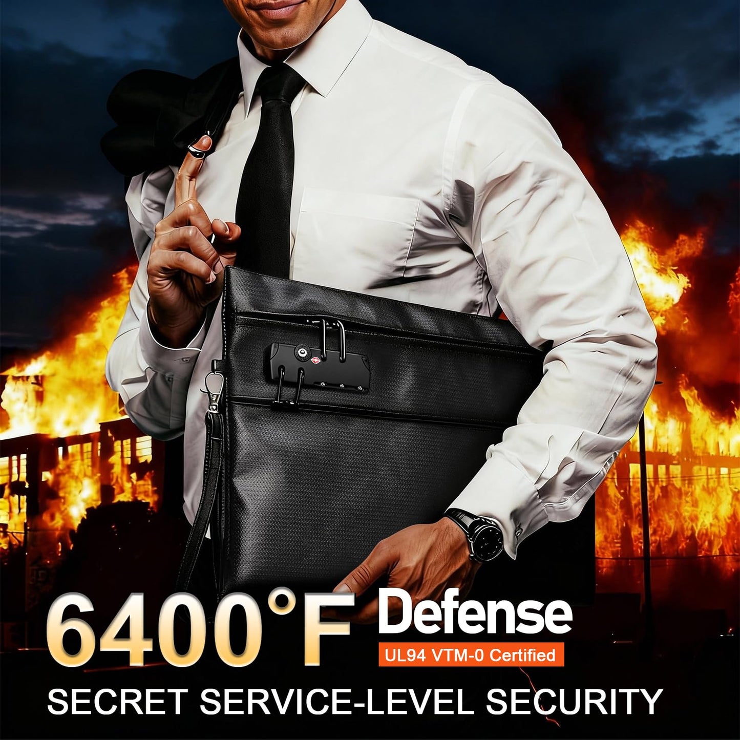 6400°F Fireproof Document Bag with Combination Lock - Heat Resistant Money Bag for Cash, Passports, Deeds, Phones, Waterproof Fire Proof Bag (Black)