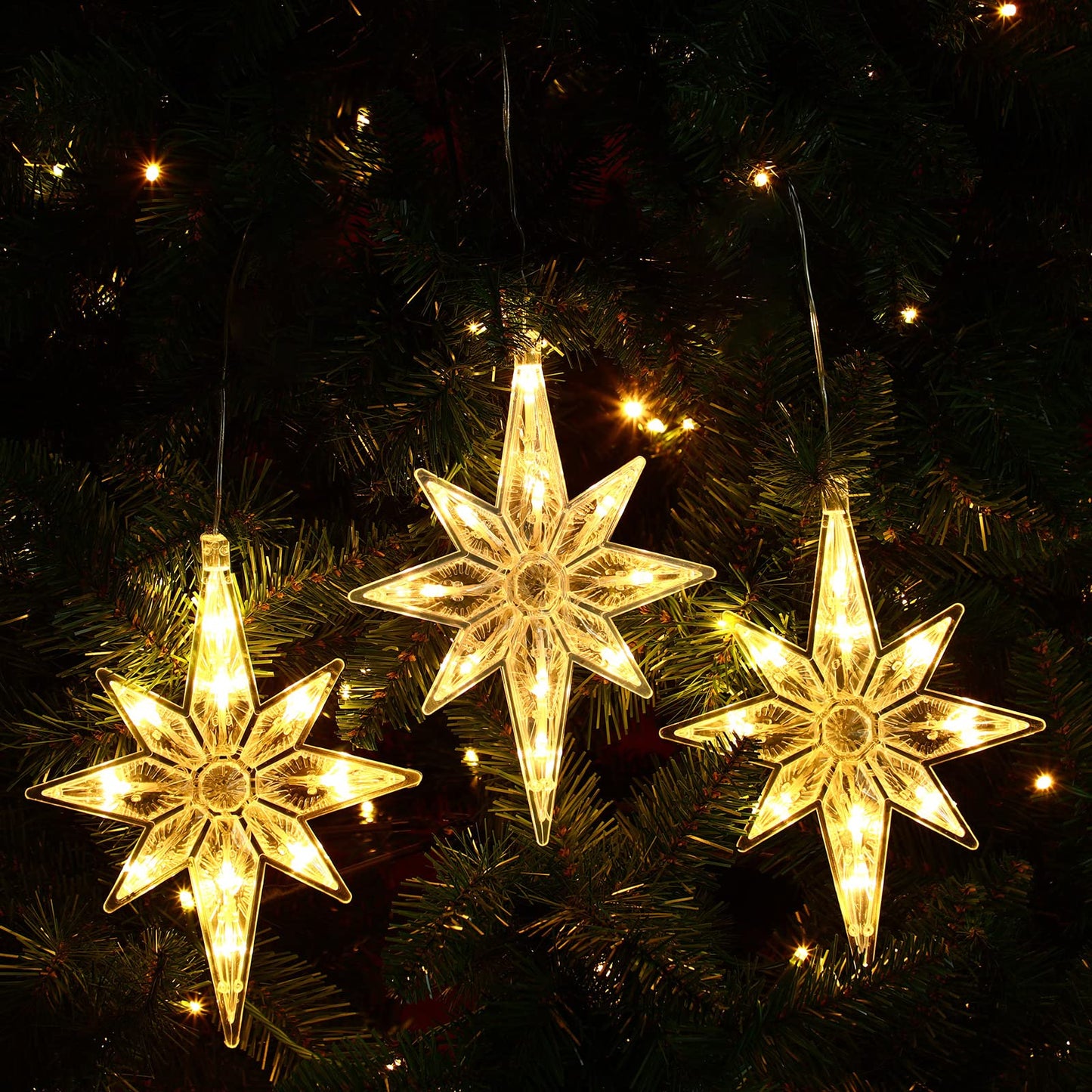 VIHOSE 3 Pcs 10.6 Inch Bethlehem Christmas Window Lights Plastic LED Lighted Christmas Window Silhouette Lights Large Hanging Xmas Tree Ornaments (Yellow)