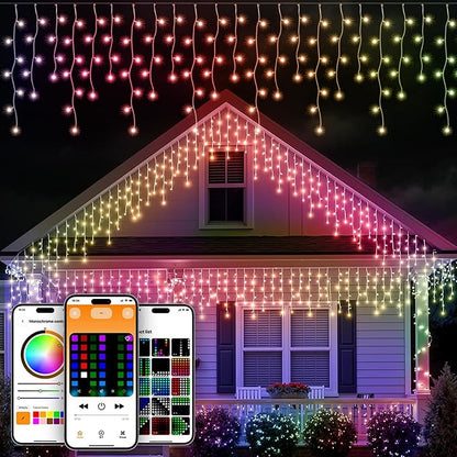 Smart Icicle Lights for Outside - 56ft 512 LED Color Changing Icicle Christmas Lights Outdoor - APP Controller 50+Preset Modes 16M Color Customize DIY Dynamic Lighting Effect