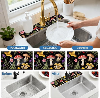 2 Pcs Kitchen Sink Splash Guard Faucet Mats Colorful Mushrooms and Flowers