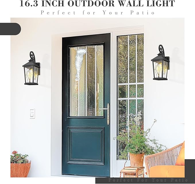 Emliviar Outdoor Porch Light 16 Inch, Farmhouse Wall Mount Fixture with Water Glass Shade, Matte Black Carriage Light for House, Yard, Garden, Patio, WE301B-SD BK