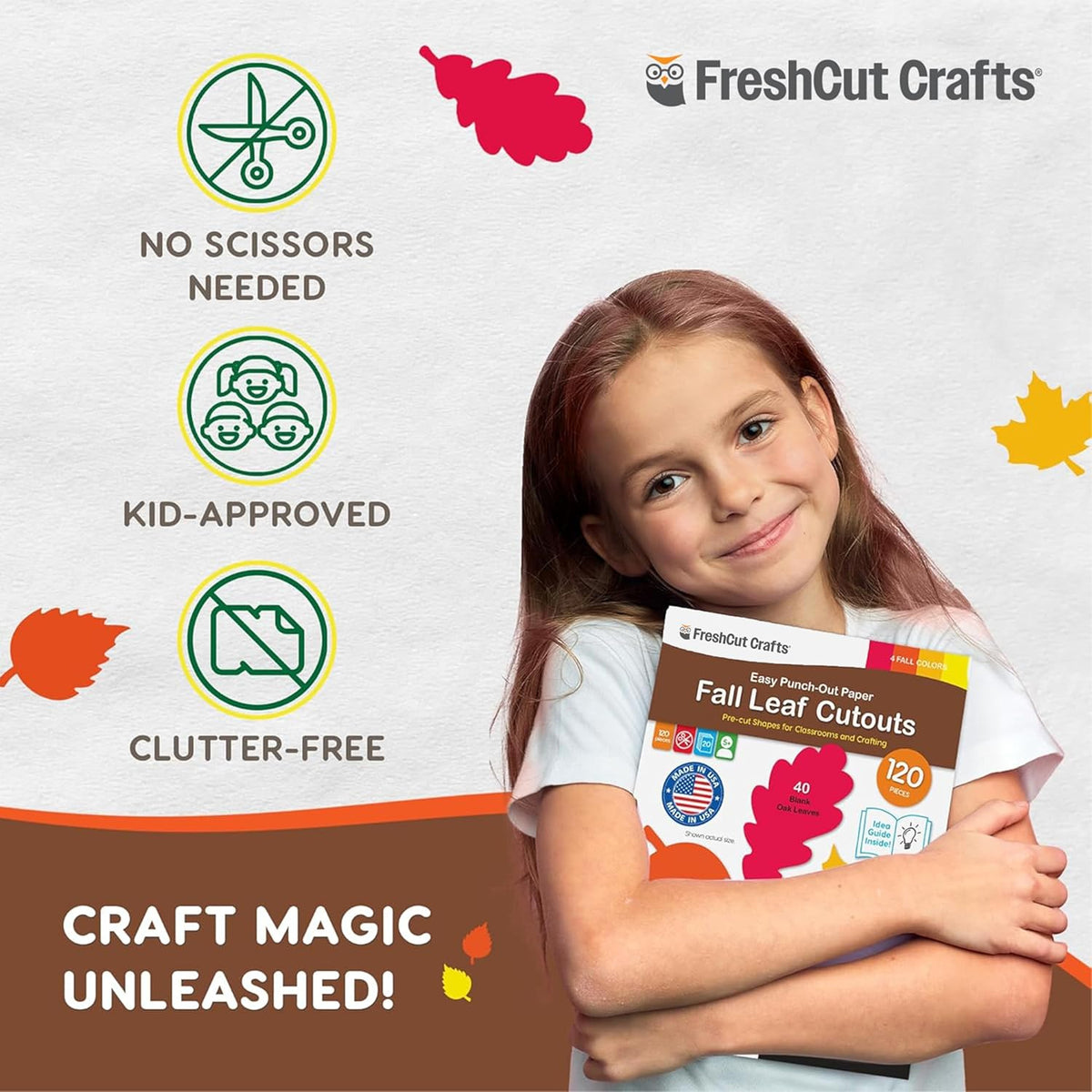 120 Pieces Fall Leaf Paper Cutouts with IDEA Guide, 2-Sided US Made Card Stock Punch Out Maple, Oak, and Birch Leaves for Bulletin Boards, Classroom Decor, Autumn Crafts, DIY Scrapbook, and Posters