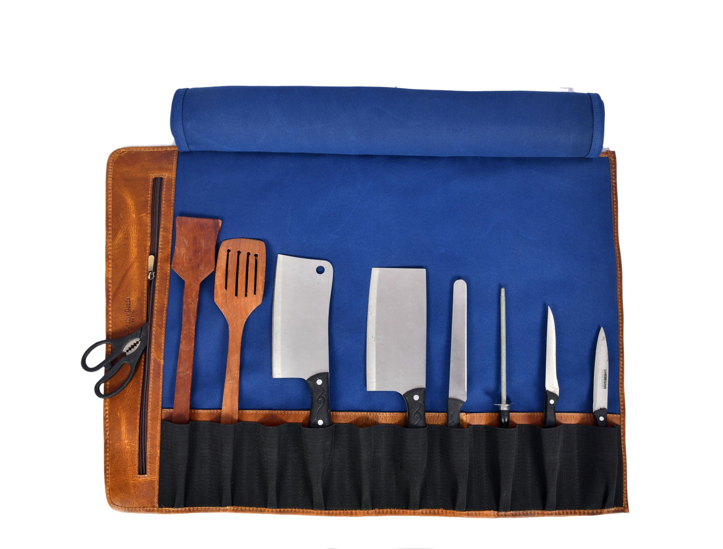 Professional Chef Knife Roll Bag, 8-Piece Kitchen Utensil Set with Leather Case, Navy Blue and Brown (Canvas, Royal)