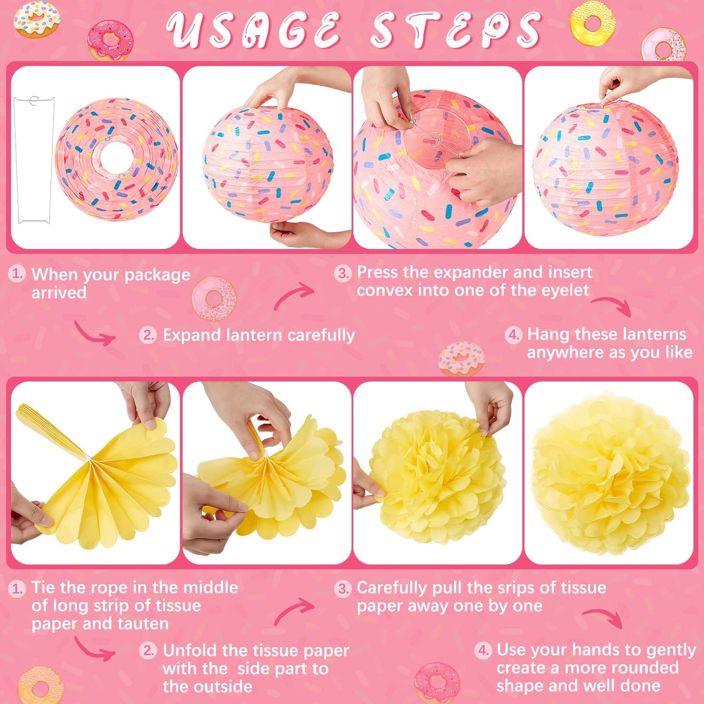 Hortsun 36 Pcs Donut Cupcake Party Hanging Paper Lanterns Two Sweet Birthday Supplies Hanging Swirls Paper Flowers Pom Poms Party Decor for Birthday Baby Shower Candy Supplies
