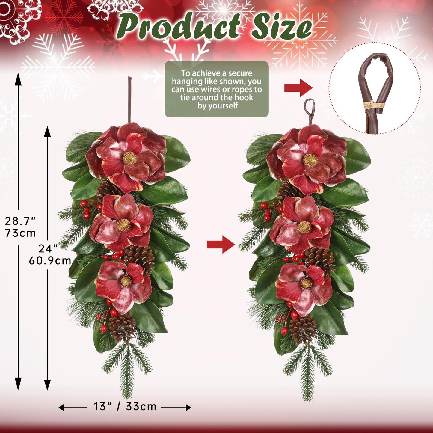 Briful 28.7 Inch Christmas Magnolia Flower Teardrop Swag – Red Magnolia Door Swag with Pine Cones Berries Artificial Christmas Hanging Teardrop for Xmas Home Holiday Front Door Outdoor Porch Decor