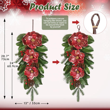 Briful 28.7 Inch Christmas Magnolia Flower Teardrop Swag – Red Magnolia Door Swag with Pine Cones Berries Artificial Christmas Hanging Teardrop for Xmas Home Holiday Front Door Outdoor Porch Decor