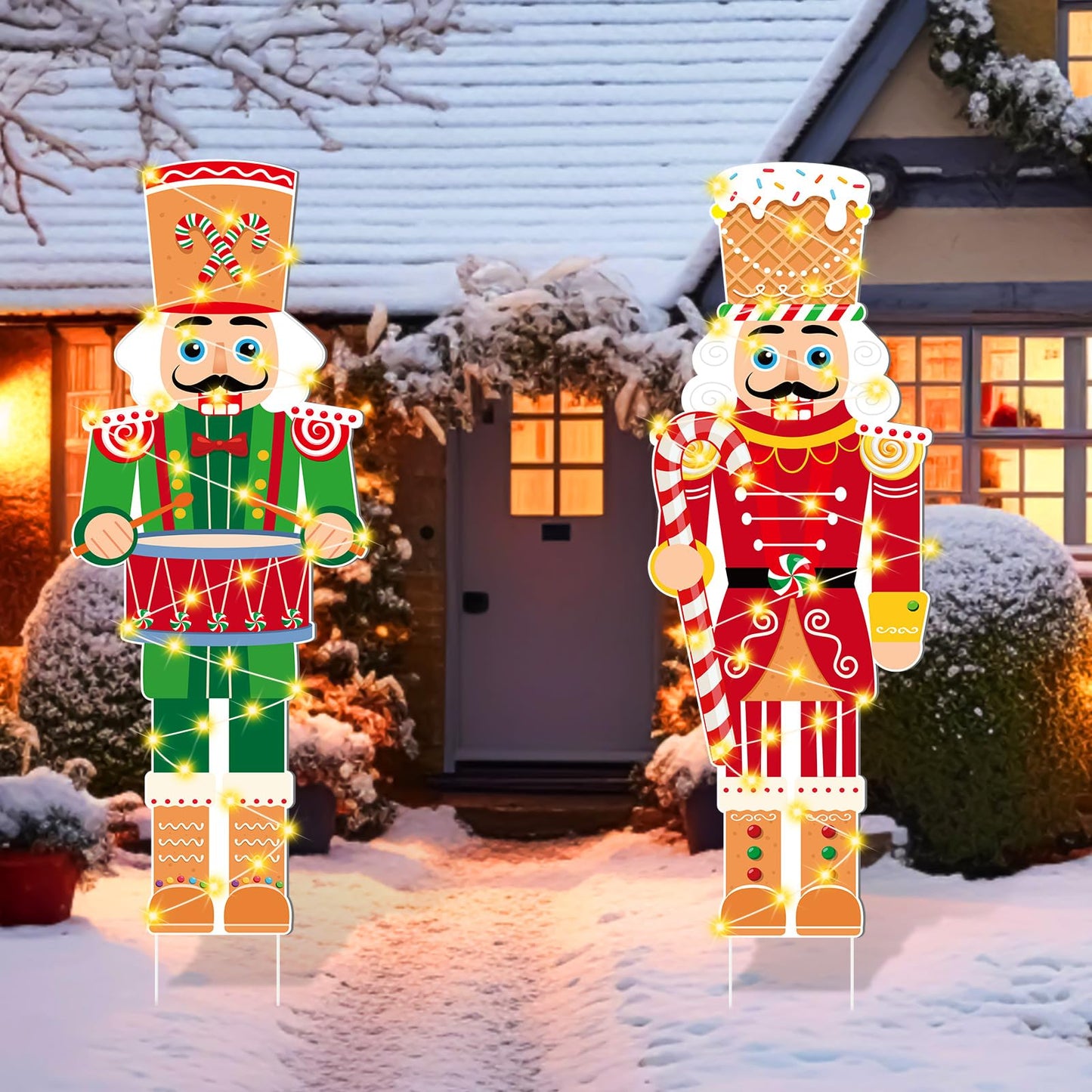 Wenqik 2 Pcs Large Christmas Nutcracker Outdoor Decorations with LED Light, Nutcracker Yard Sign with Stakes 39 x 13 Inch Christmas Outdoor Yard Decorations for Xmas Holiday Lawn Porch Party Supplies
