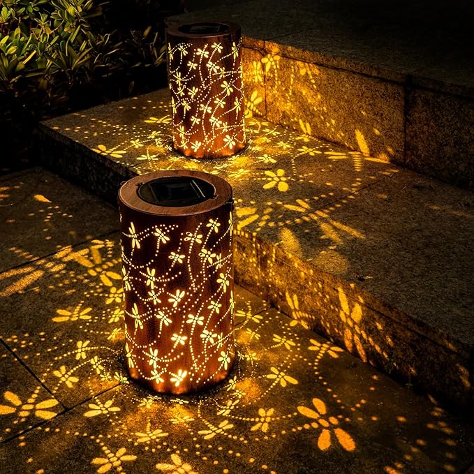 Boho Solar Lanterns Outdoor Birthday Gifts for Women Mom Grandma Metal Hanging Solar Powered Unique Garden Decorative LED Lights for Outside Yard Patio (Dragonfly)