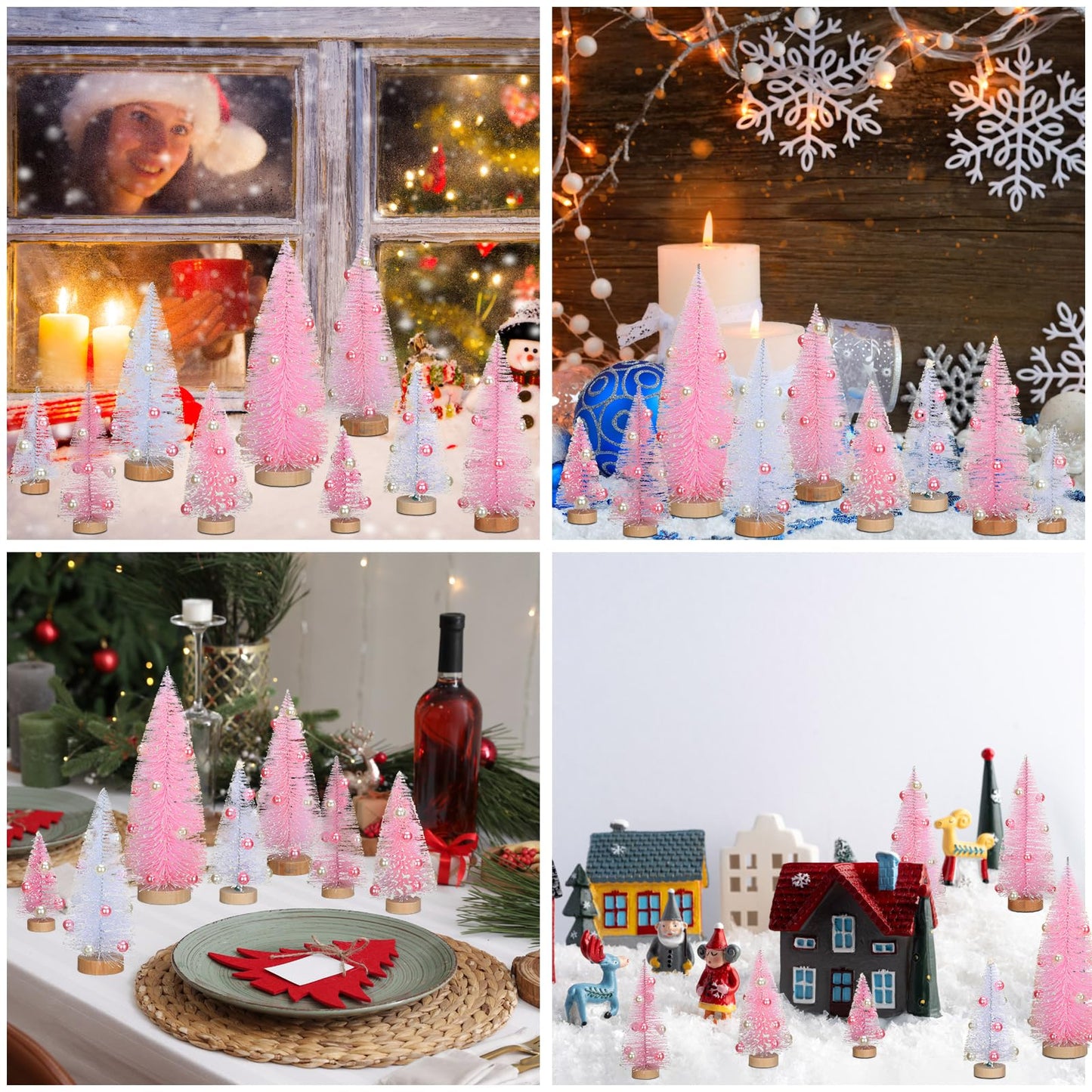 Leyndo 9 Pcs Pink Pearl Artificial Mini Christmas Tree Sisal Bottle Brush Trees with Wood Base Christmas Pine Trees for Autumn Winter Holiday Home Kitchen Party Decor