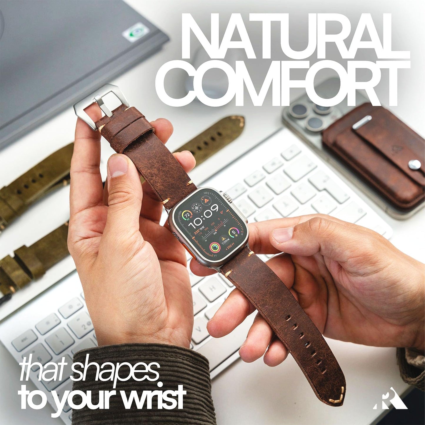ROBUST Genuine Leather Watch Band for Men - Compatible with Apple Watch Bands 49mm - Replacement Strap for iWatch Ultra 2/1 SE, SE 2 Series 10 9 8 7 6 5 4 - Brown Leather With Natural Titanium Buckle