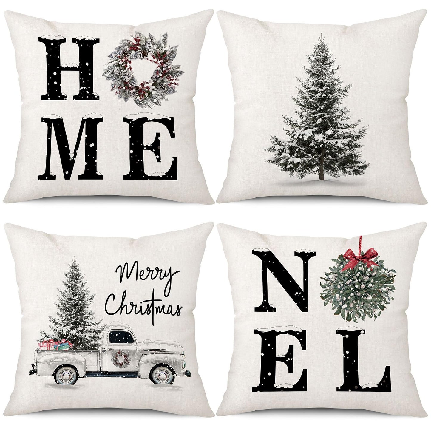 Coeufuedy Christmas Pillow Covers - 18x18 Inch Set of 4 Home Noel Truck Tree Holiday Cushion Covers Farmhouse Christmas Decoration for Sofa Couch Living Room