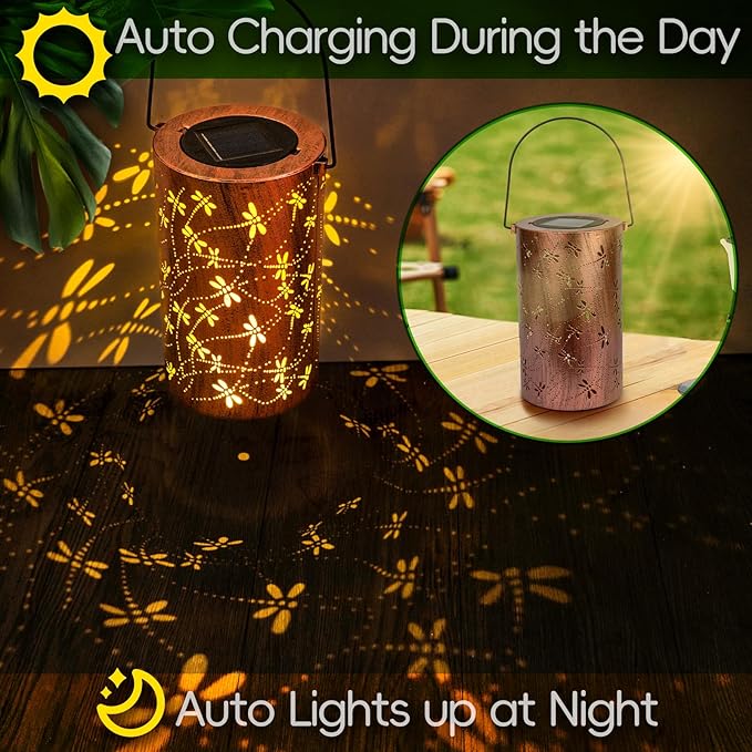 Boho Solar Lanterns Outdoor Birthday Gifts for Women Mom Grandma Metal Hanging Solar Powered Unique Garden Decorative LED Lights for Outside Yard Patio (Dragonfly)