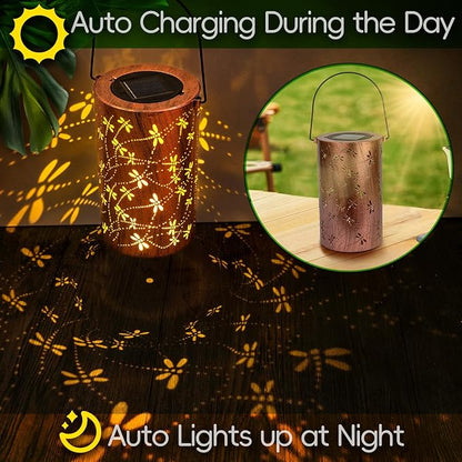 Boho Solar Lanterns Outdoor 2 Pack - Birthday Gifts for Women Mom Grandma Metal Hanging Solar Powered Unique Garden Decorative LED Lights for Outside Yard Patio(Dragonfly 2 Pack)