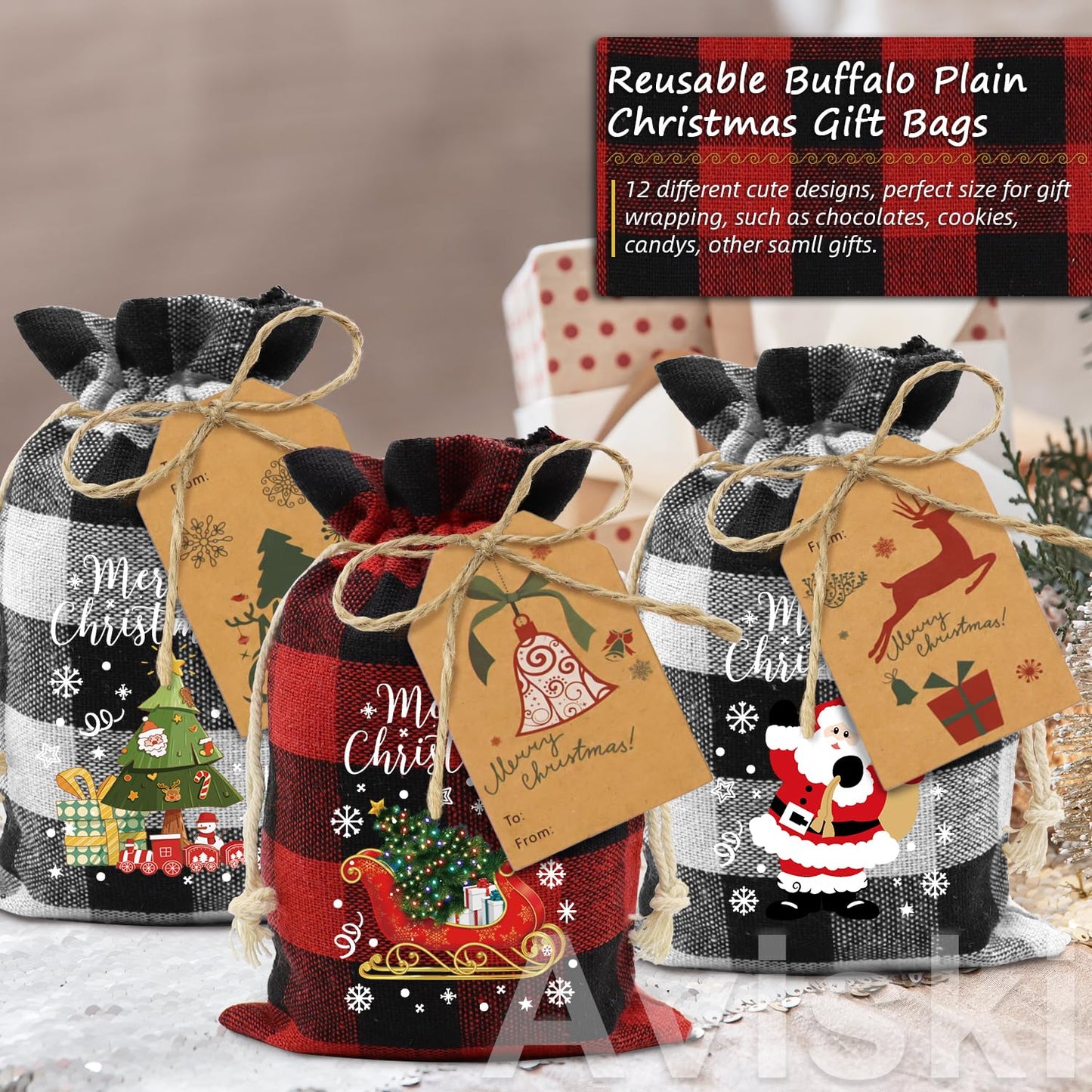 Aviski 60PCS Cotton Small Christmas Drawstring Candy Treat Bags Buffalo Plaid Xmas Xmas Christmas Fabric Goody Gift Sacks Reusable Gift Wrapping Bags Holiday Party Favors - Red/White